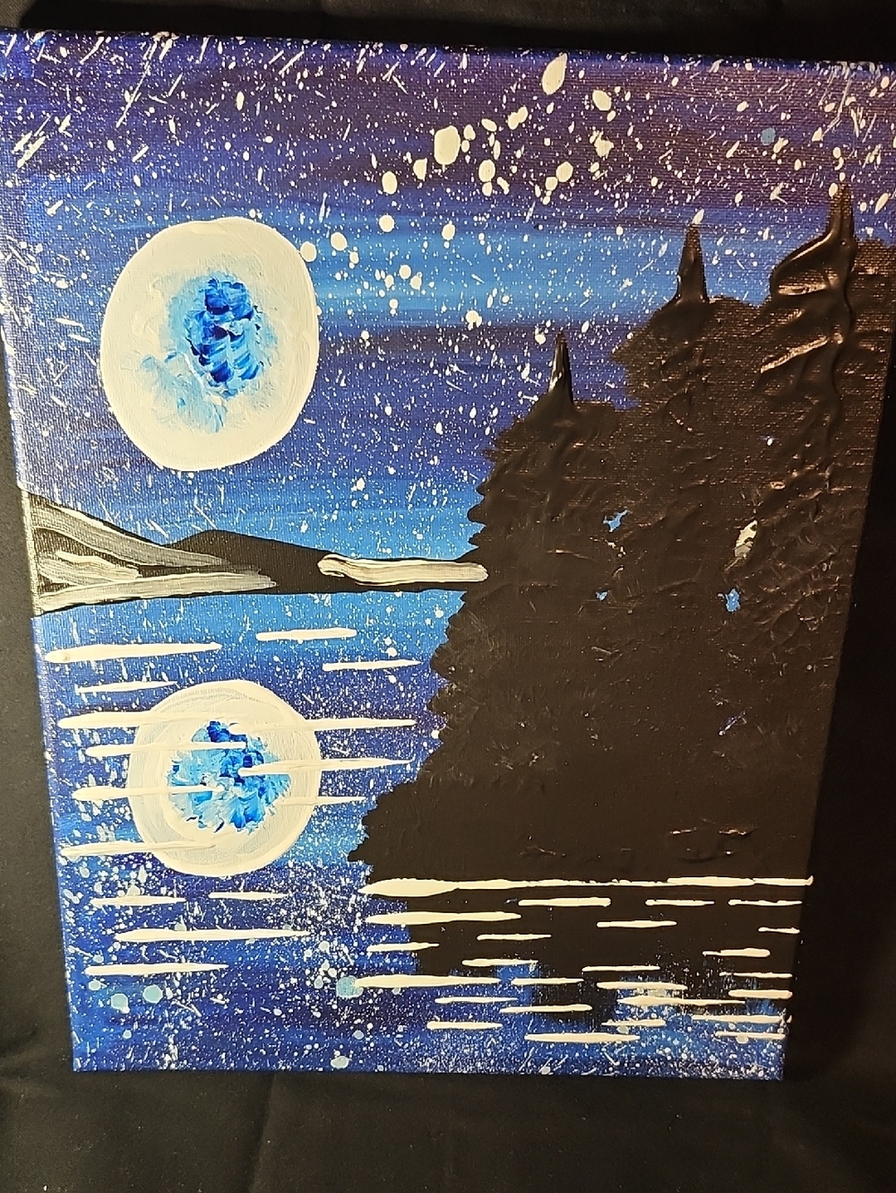 Hand-Painted Blue & Black Moonlit Lake Canvas Art